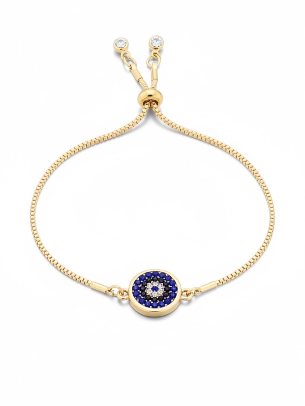 Gold Evil Eye Blue Rhinestone Medallion Charm Slip Knot Protection Bracelet Gift